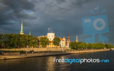 View Of The Riga Castle From The Riverside Stock Photo