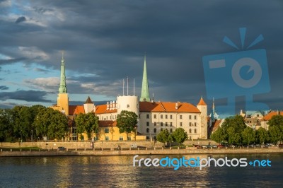 View Of The Riga Castle From The Riverside Stock Photo