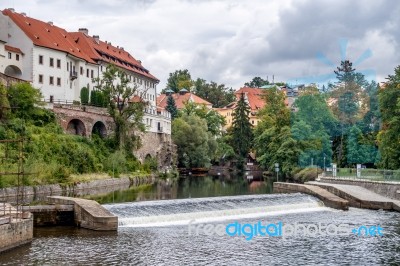 View Of The Weir In Cesky Krumlov In The Czech Republic Stock Photo