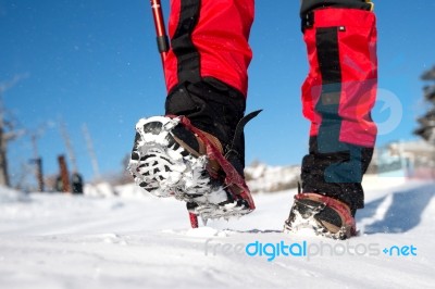 View Of Walking On Snow With Snow Shoes And Shoe Spikes In Winte… Stock Photo