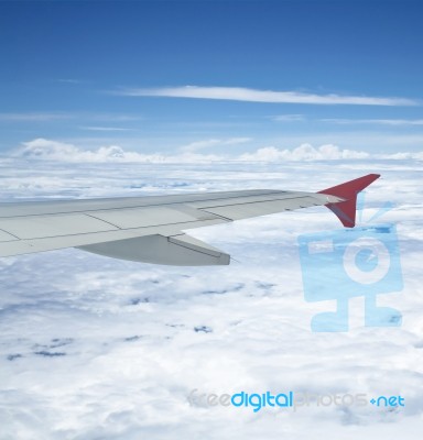 View Out Of Airplane Airplane Wing In Flight Stock Photo