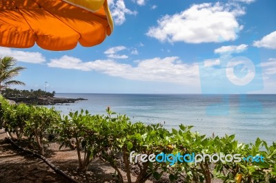 View Out To Sea From Lanzarote Canary Island From The Shade Of A… Stock Photo