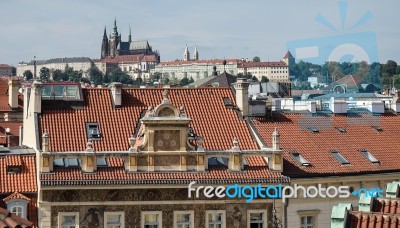 View Over The Skyline Towards St Vitus Cathedral In Prague Stock Photo