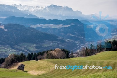 View Towards The Dolomites From Above Villanders Stock Photo