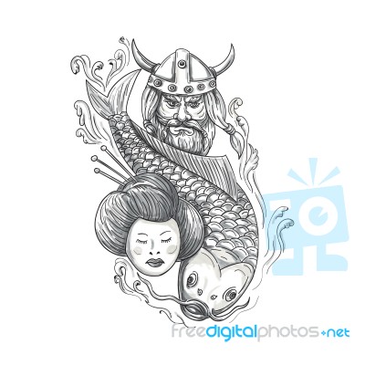 Viking Carp Geisha Head Tattoo Stock Image