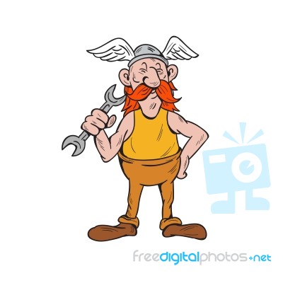 Viking Repairman Standing Spanner Cartoon Stock Image