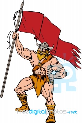 Viking Warrior Brandishing Red Flag Retro Stock Image