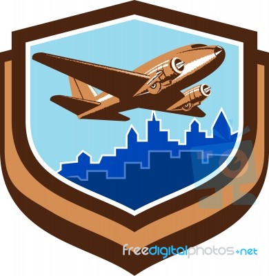 Vintage Airplane Take Off Cityscape Shield Retro Stock Image