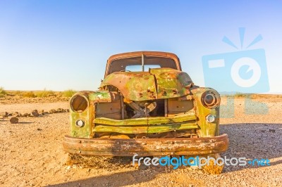 Vintage Car In Namibian Desert Stock Photo