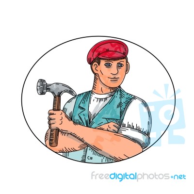 Vintage Carpenter Holding Hammer Mono Line Stock Image