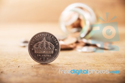 Vintage Close Up Stack Silver Coins Stock Photo