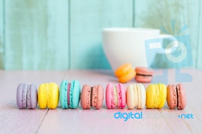 Vintage Colorful  Macarons On Pink Wooden Background Stock Photo