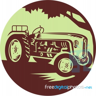 Vintage Farm Tractor Circle Woodcut Stock Image