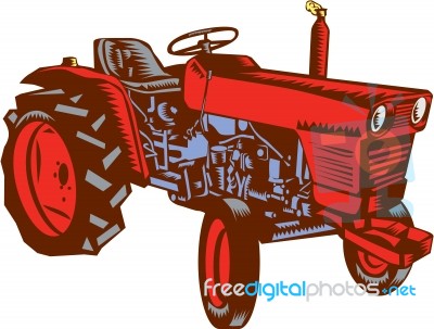 Vintage Farm Tractor Side Woodcut Stock Image