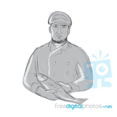 Vintage Fishmonger Holding Fish Drawing Stock Image