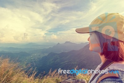 Vintage Girl Tourist Scenic Mountains Stock Photo