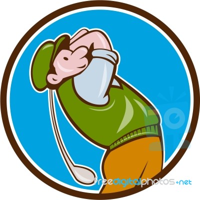 Vintage Golfer Swinging Club Teeing Off Circle Stock Image