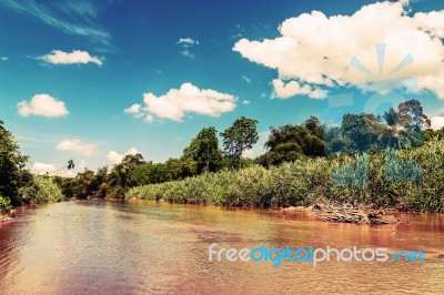 Vintage Landscape And River Background Stock Photo