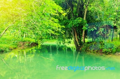 Vintage Landscape And River Background Stock Photo