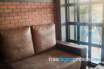 Vintage Living Room Interior With Brown Sofa Stock Photo