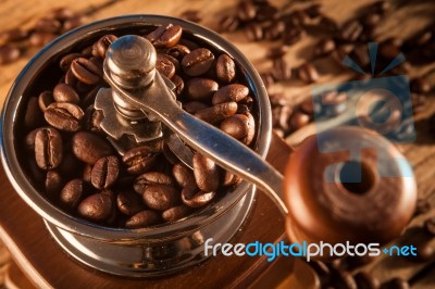 Vintage Manual Coffee Grinder With Coffee Beans Stock Photo