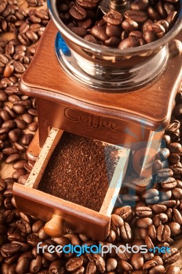 Vintage Manual Coffee Grinder With Coffee Beans Stock Photo