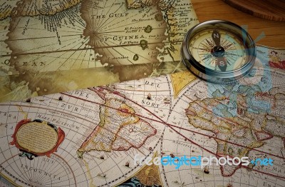 Vintage Map And Vintage Compass Stock Image