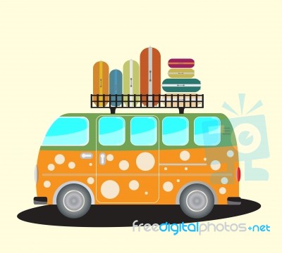  Vintage Passenger Van Car With Bag On Roof Stock Image