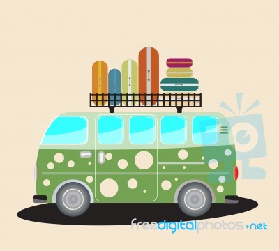  Vintage Passenger Van Car With Bag On Roof Stock Image