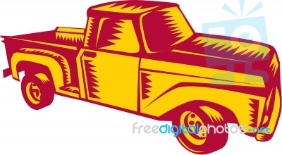 Vintage Pick Up Truck Woodcut Stock Image