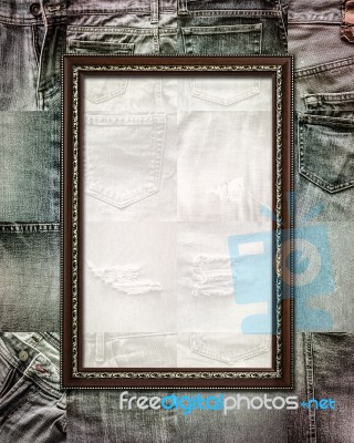 Vintage Picture Frame On Collage Jeans Stock Photo