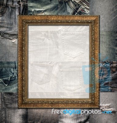 Vintage Picture Frame On Collage Jeans Stock Photo