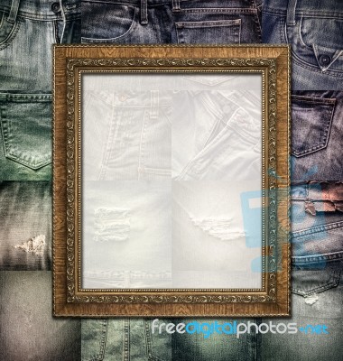 Vintage Picture Frame On Collage Jeans Stock Photo