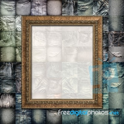 Vintage Picture Frame On Collage Jeans Stock Photo