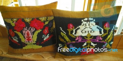 Vintage Pillow With Embroidery Stock Photo