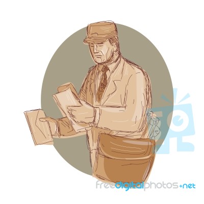 Vintage Postman Delivering Letter Drawing Stock Image