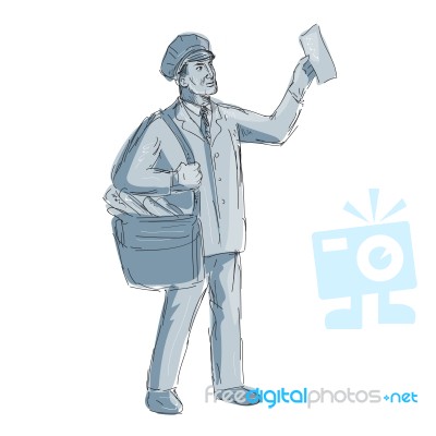 Vintage Postman Holding Up Letter Drawing Stock Image