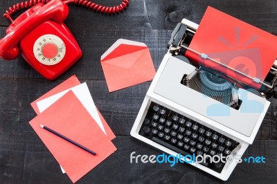 Vintage Red Office On Wooden Background Stock Photo