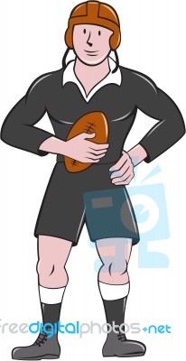 Vintage Rugby Player Holding Ball Standing Cartoon Stock Image