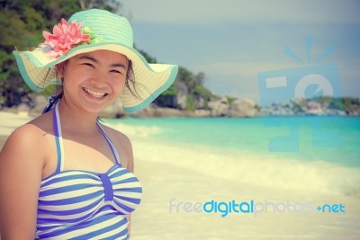 Vintage Style Girl On The Beach At Thailand Stock Photo