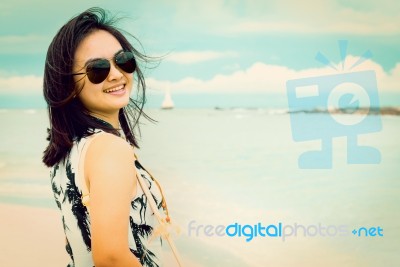 Vintage Style Woman On The Beach In Thailand Stock Photo