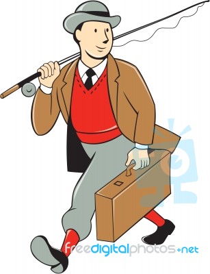 Vintage Tourist Fly Fisherman Luggage Cartoon Stock Image