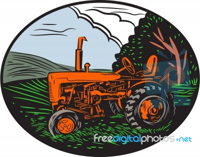 Vintage Tractor Farm Woodcut Stock Image