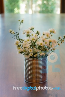 Vintage White Flower Pot On Wooden Table Stock Photo