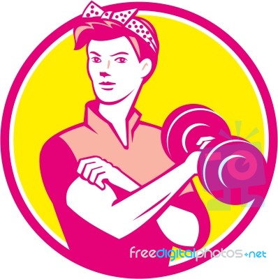 Vintage Woman Lifting Dumbbell Circle Retro Stock Image