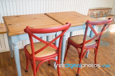 Vintage Wooden Kitchen Table And Chair Stock Photo