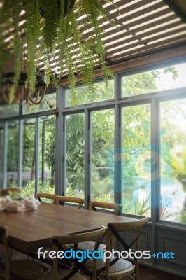 Vintage Wooden Table Set Beside The Window Stock Photo