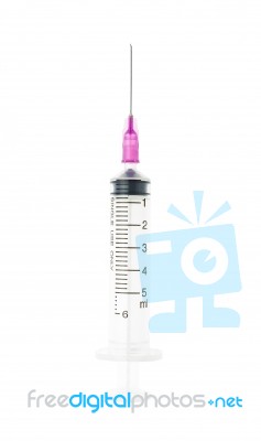 Violet Syringe Isolated On White Background Stock Photo