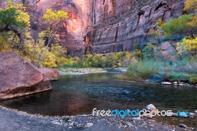 Virgin River Flowing Through Zion National Park Stock Photo