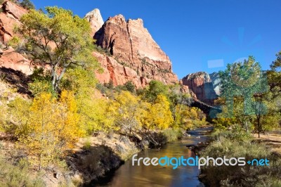 Virgin River Meandering Through The Mountains Of Zion Stock Photo